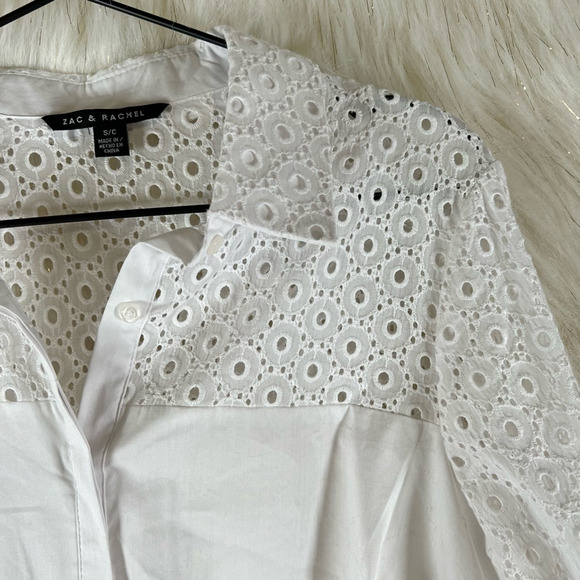 Zac & Rachel Womens Blouse White 3/4 Sleeve Collar Eyelet Lace Button Up S New - Picture 2 of 6